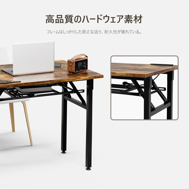 組み立て不要 大理石柄 80 60 72CM パソコンデスク ゲーミングデスク ミシン台 折り畳みテーブル 折りたたみデスク 簡易デスク ワーク 在宅勤務 テレワーク FryLR 組立簡単 省スペース USB＆コンセント付き アンティークブラウン