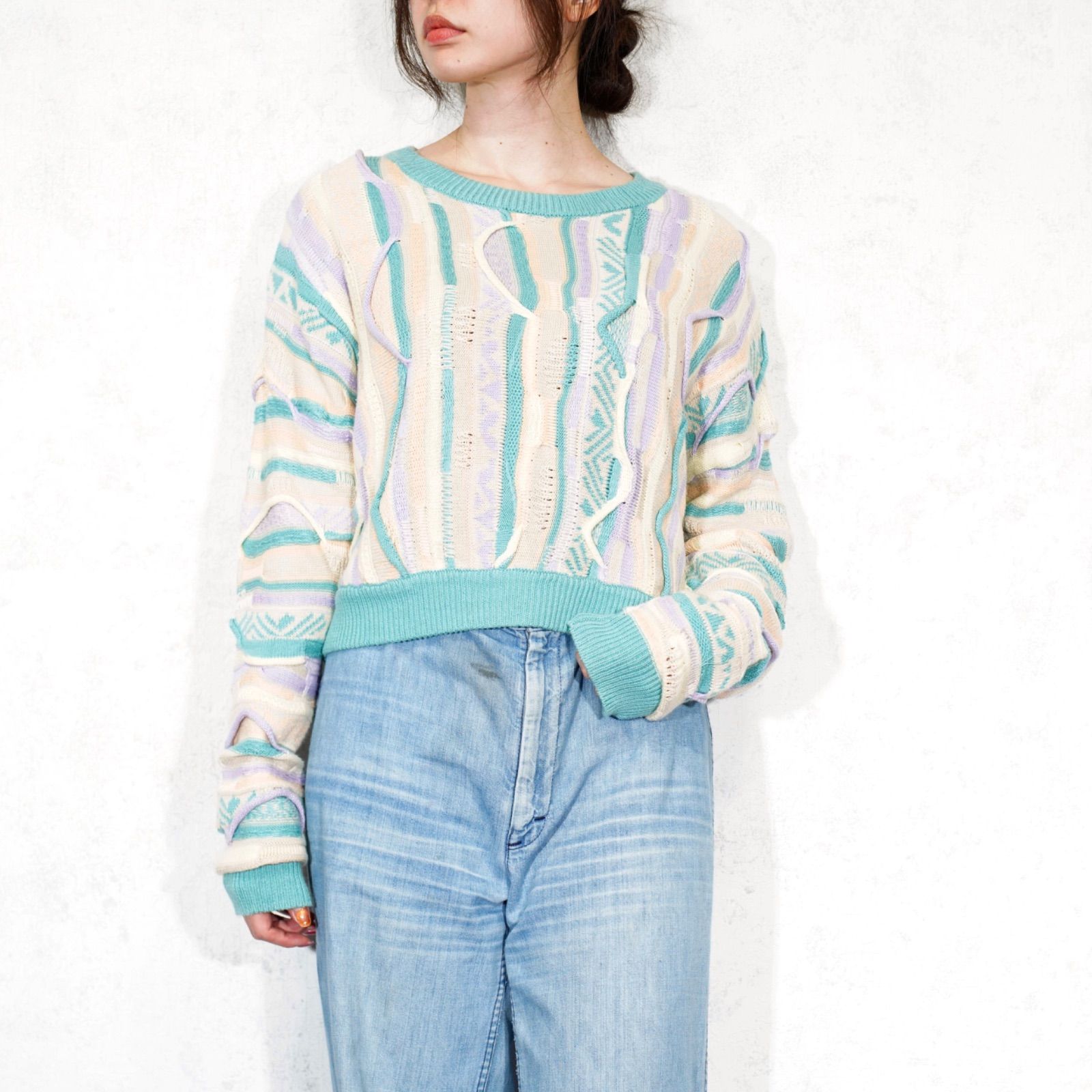 USA VINTAGE SHORT LENGTH COTTON 3 D KNIT アメリカ古着ショート丈コットンニット