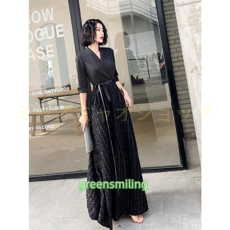 ドレス カクテルドレス ロングドレス パーティードレス 発表会 お呼ばれ フォーマル イブニングドレス 大人らしい ブラック 黒 5分袖WP 1010