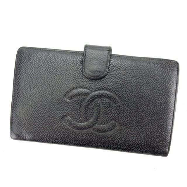 CHANEL キャビアスキン がま口 二つ折り 財布 シャネル がま口財布 二つ折り財布 キャビアスキン ブラック