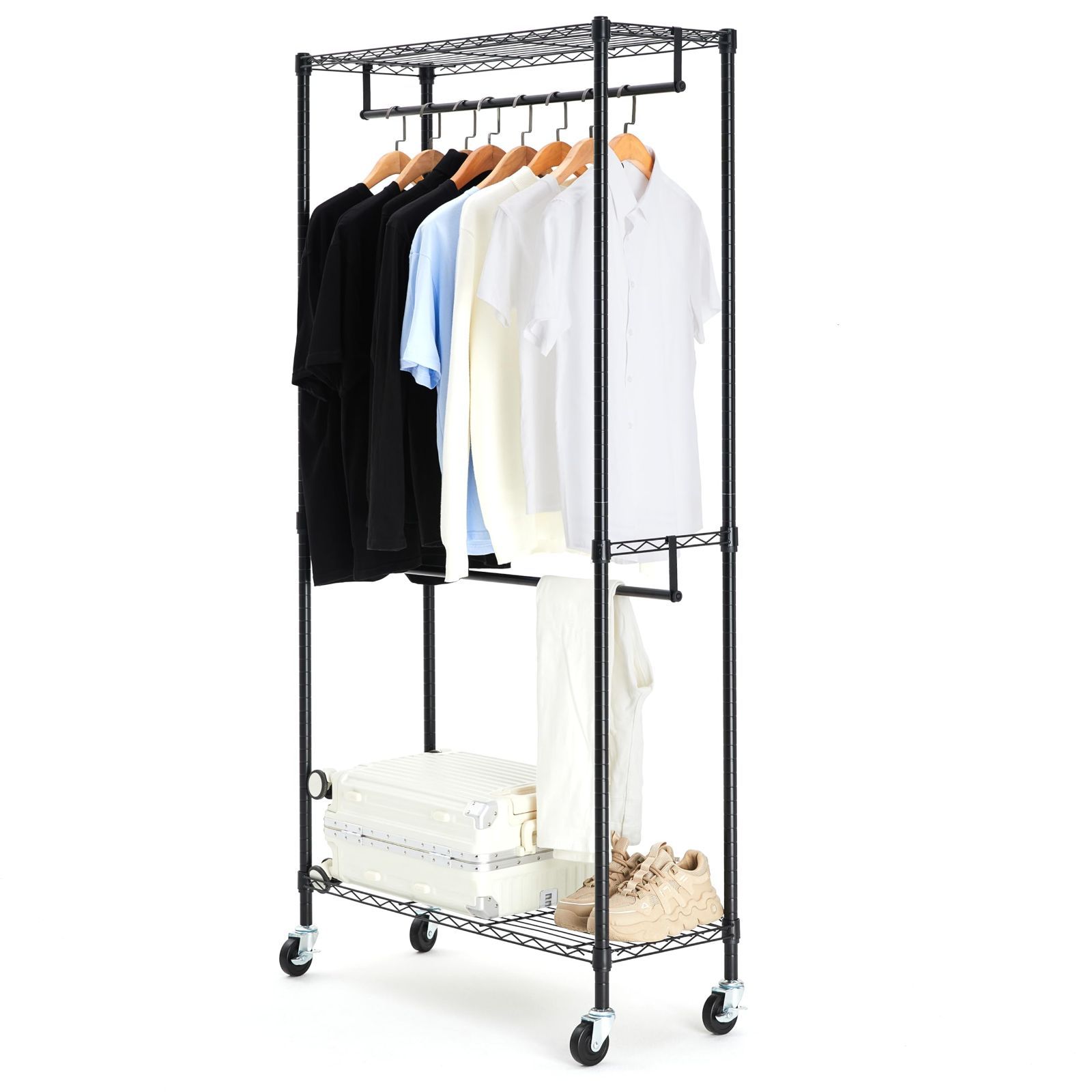 商品 ベーシック ハンガーラック 2段 洋服ラック 耐荷重181kg 頑丈 キャスター付き 棚付き 耐荷重181kg 幅91.4 x 奥行35.6 x 高さ182.9 cm ブラック