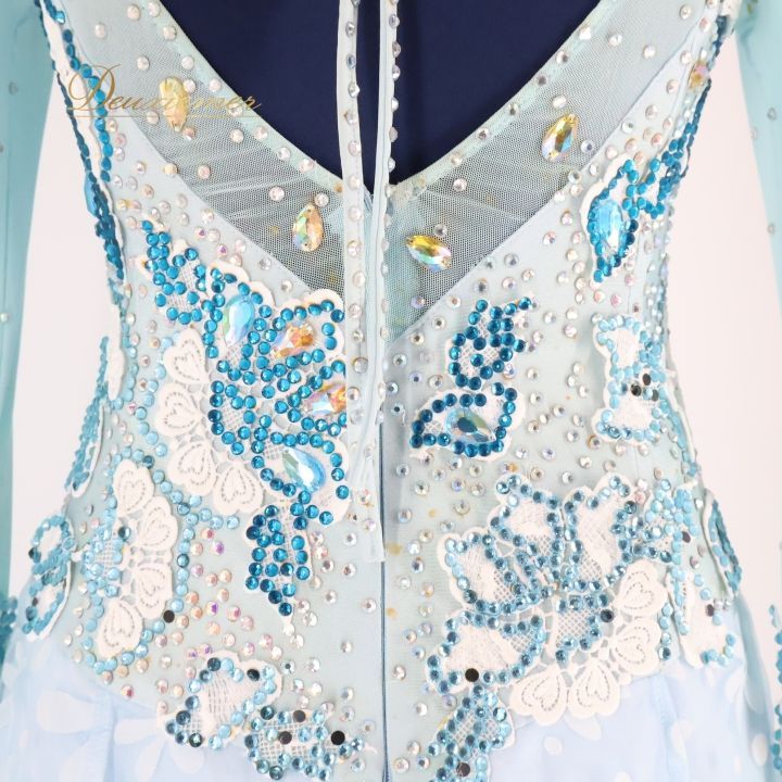 社交ダンス 衣装 ドレス ドレス ワンピース ワンピース デモ 競技 パーティ 発表会 フロート 水色 花 ブルー系 明るい 水色 花柄 ふんわり スカート Mサイズ 競技用 衣装 デザイン レディース おしゃれ ステージ衣装 LLC-HASEGAWATOSO_COM