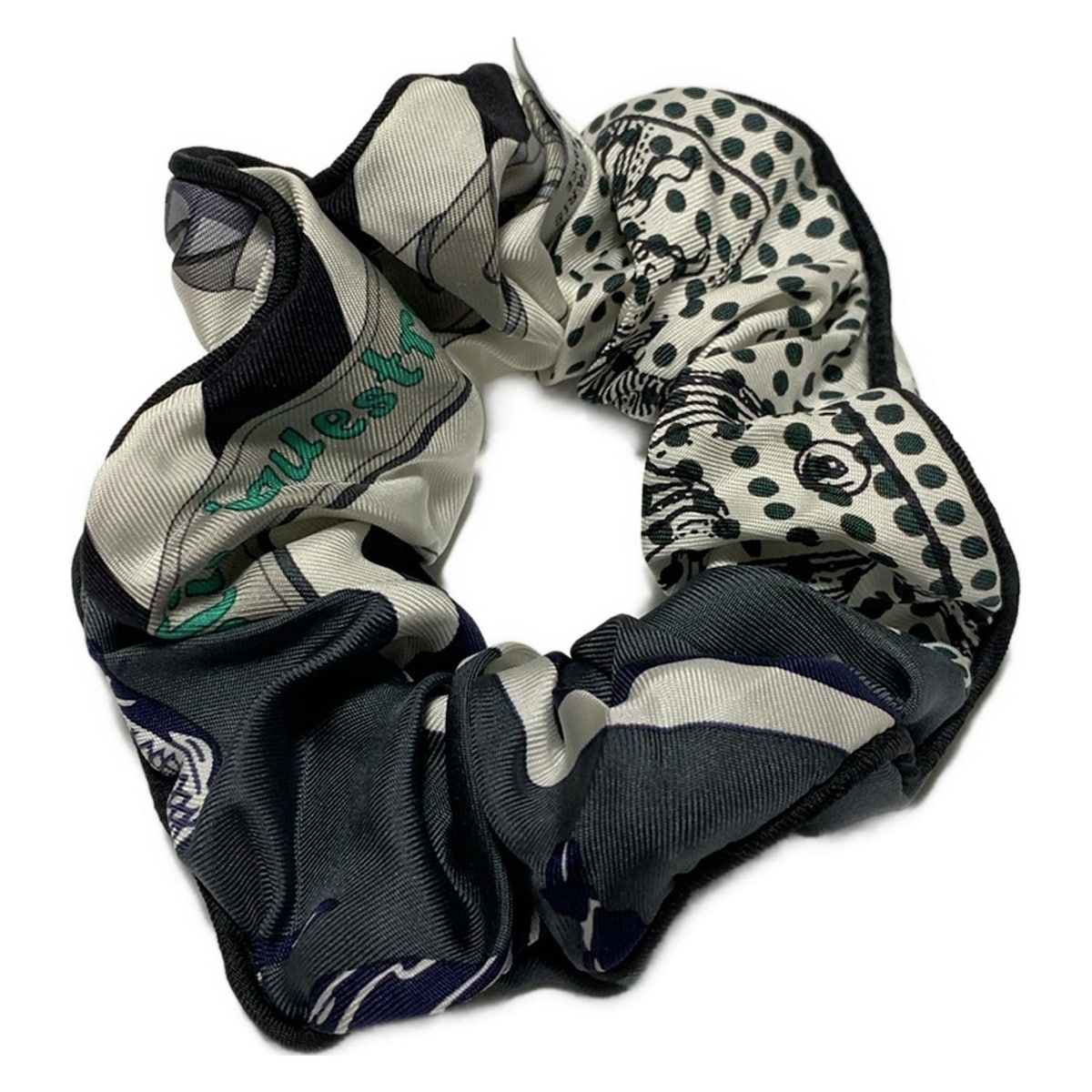 HERMES エルメス シュシュ - シルク ダークグレー×白×マルチ ドット柄