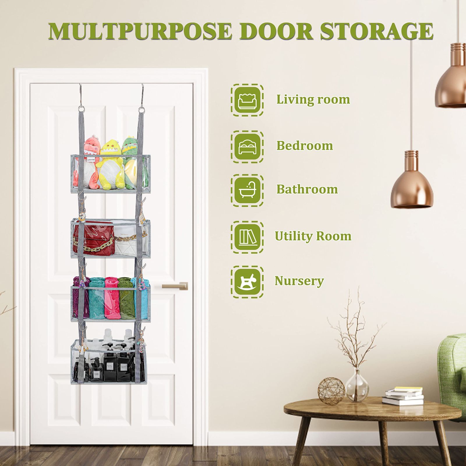 小物収納 耐用 透明窓付き 4段の大容量 カバン収納 ロッカー 4xフック付き バッグ収納 タオルの収納 ぬいぐるみ カバン おもちゃ 書類 漫画など 下着 取り付け簡単 壁掛け収納ポケット ドア掛け収納式ポケット ドアフック ドア吊り下げ収納 ウォールポケッ NEXPOTALLINN_EU