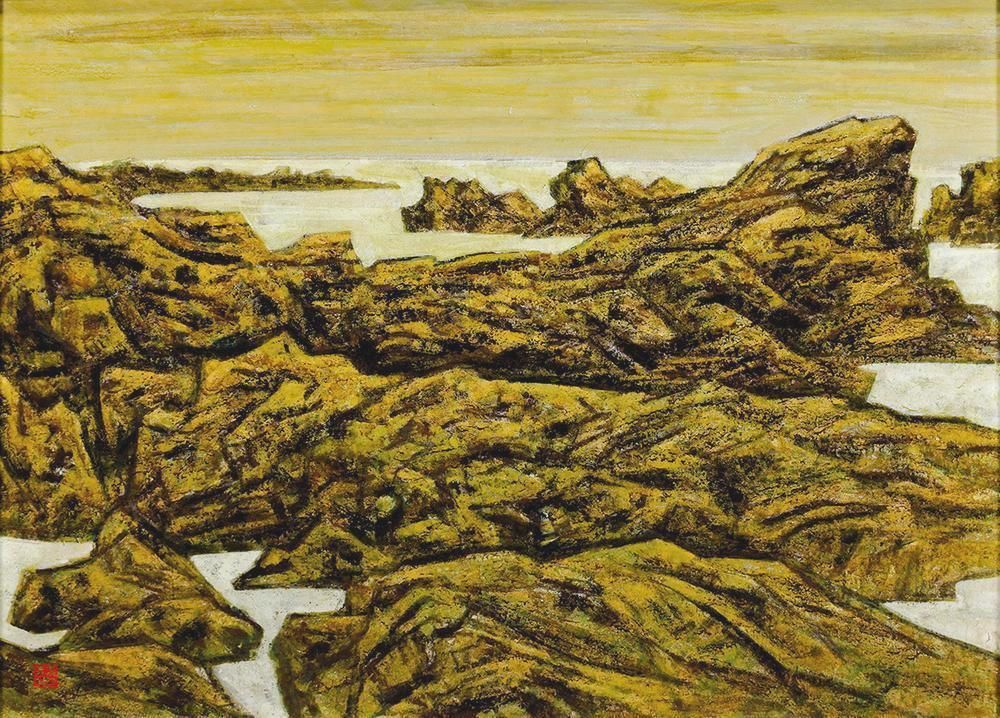 真作】【WISH】其阿弥赫土「岩礁」日本画 約12号 大作 1960年作