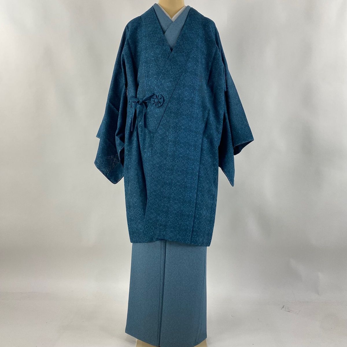 道中着 身丈98cm 裄丈65.5cm M 和装コート 着物衿 花 幾何学 青緑 正絹