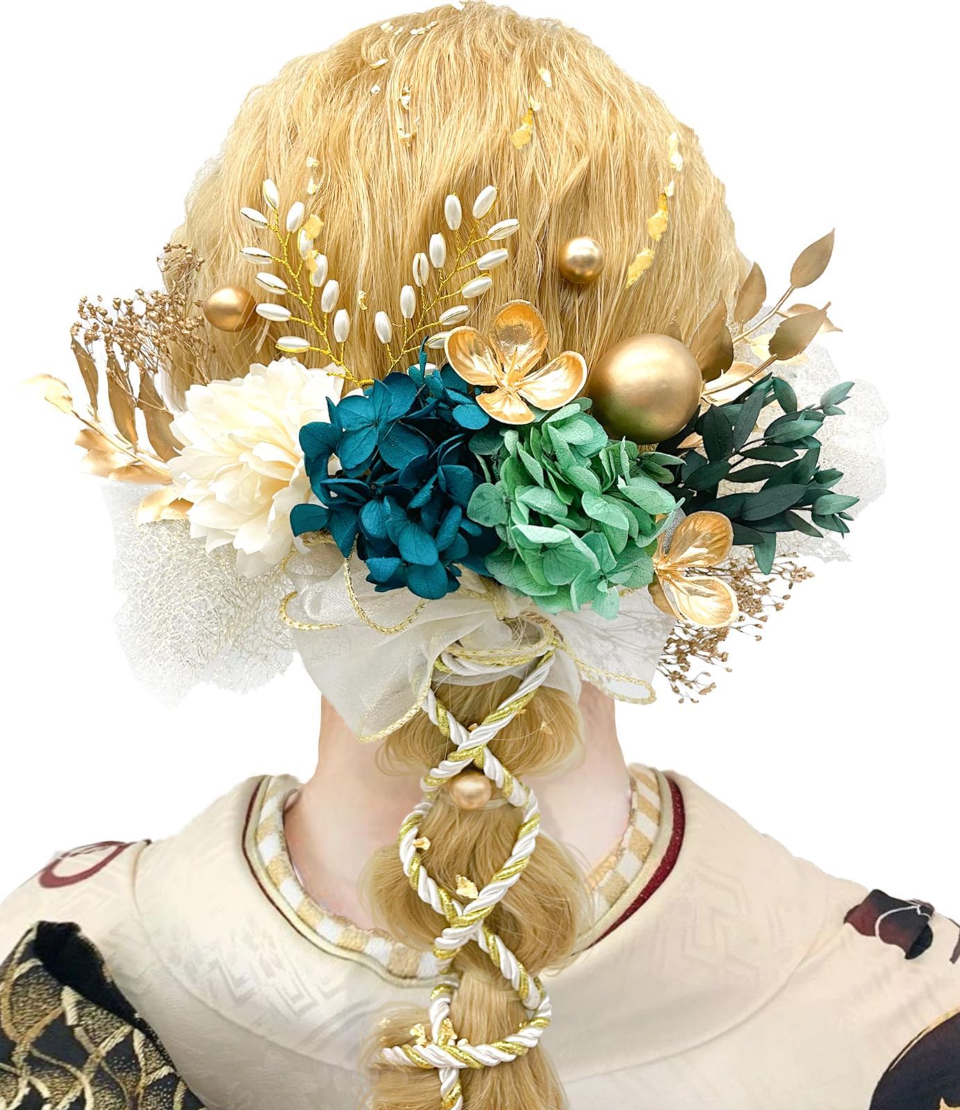 【新作登場，SALE】 造花 金箔シート 和装 かすみ草 結婚式 袴 浴衣 組 七五三 卒業式 着物 振袖 手作り 水引 ゴールド ヘアアクセサリー 白 赤 専用ケース付き 網型シム 和玉 造花飾り ダリア ドライフラワー A270 和装小物