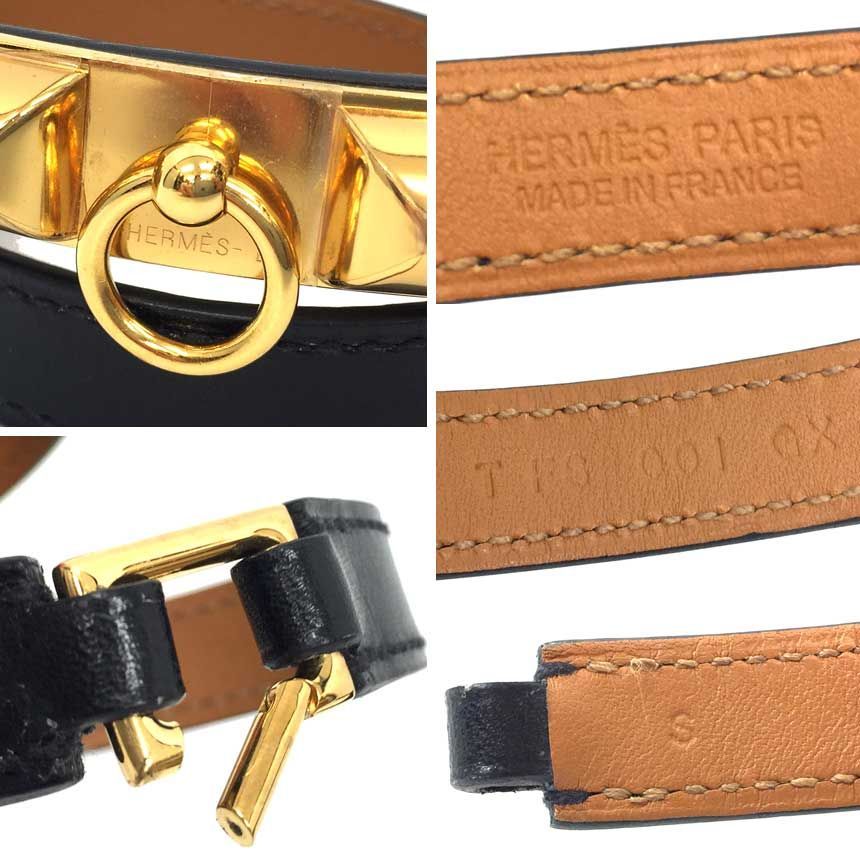 エルメス　HERMES　レザーブレスレット　COLLIER DE CHIEN 　コリエドシアン ドゥブルトゥール　ブレスレット　Sサイズ　 ブラック×ゴールド　T刻印　2連 ブレスレット　アクセサリー【美品】【中古】aq9419