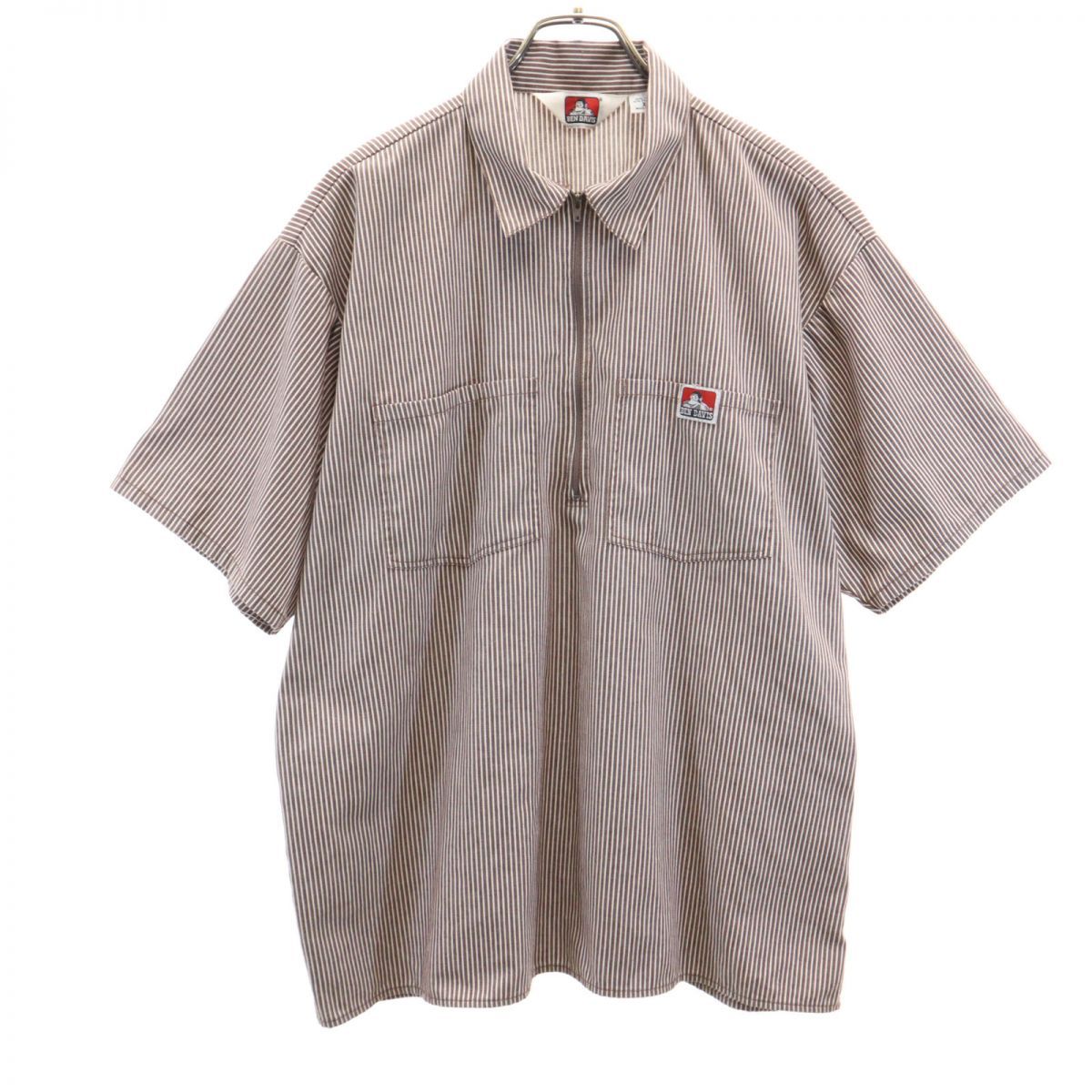 ベンデイビス 90s USA製 オールド ストライプ柄 半袖 ハーフジップ ヒッコリー ワークシャツ XL ブラウン×ホワイト BEN DAVIS メンズ 古着 【240321】 メール便可