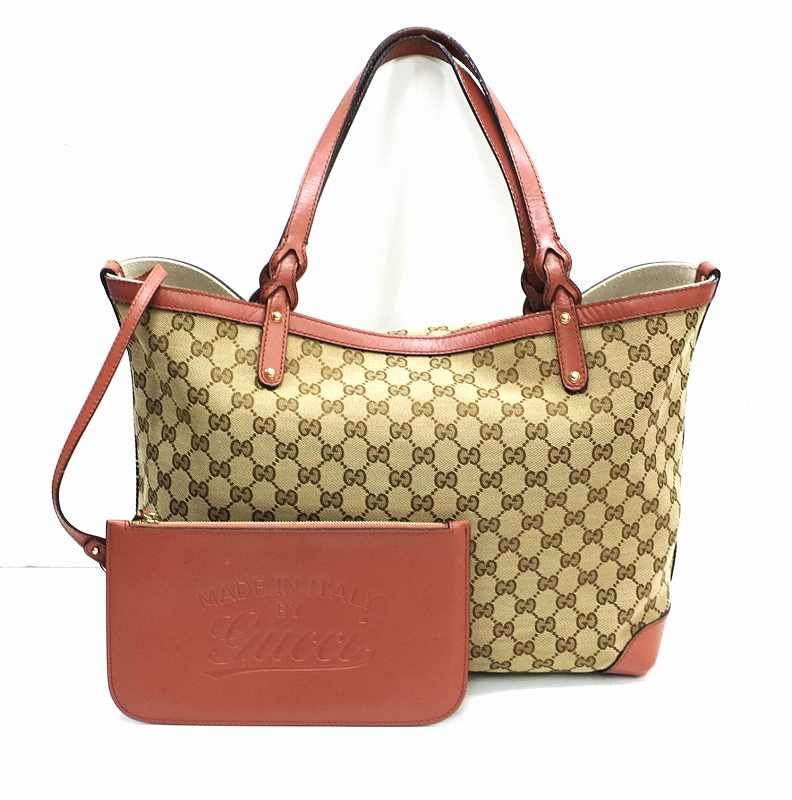 GUCCI グッチ トートバッグ GGキャンバス 247209 493075 ピンク 肩掛け バッグ レザー ポーチ付き【中古】JA-17780 -  メルカリ