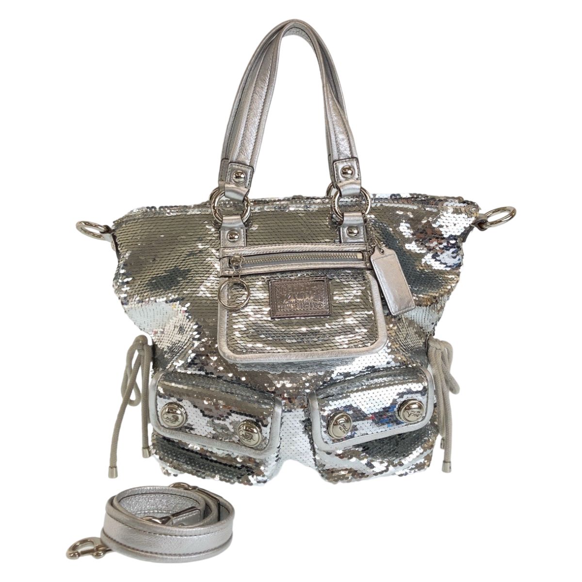 美品 COACH コーチ ポピー スパンコール シルバー パープル シルバー 