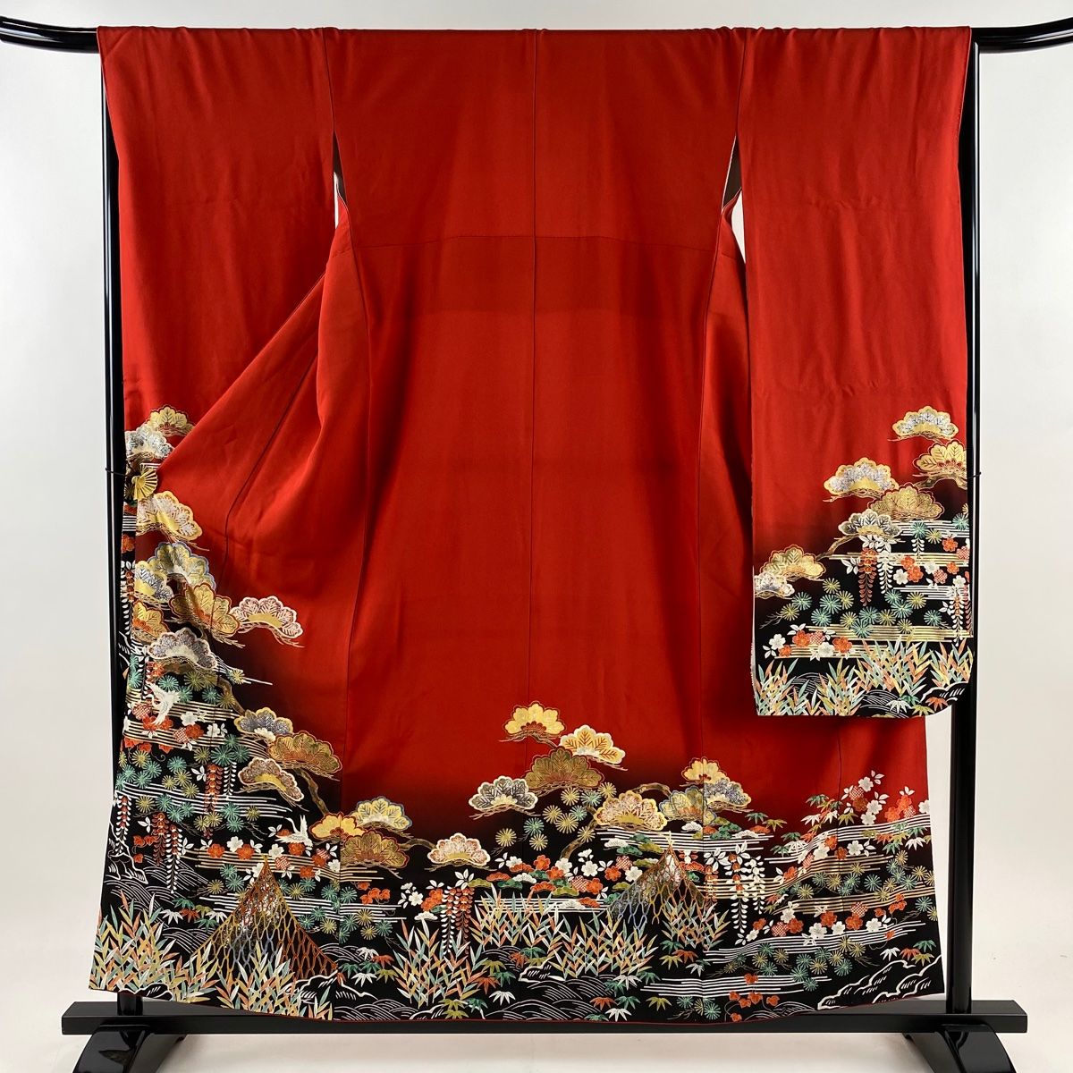 振袖 身丈157.5cm 裄丈66.5cm M 袷 松竹梅 鶴 金銀彩 赤 正絹 美