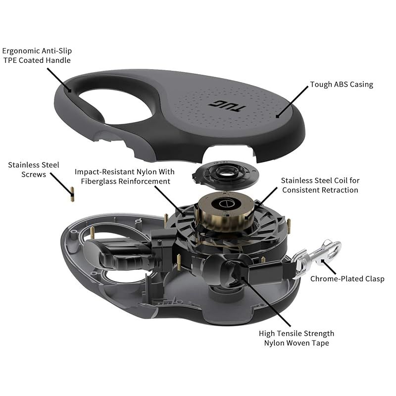 TUG 360°絡まない格納式犬用リード 最大50kgの犬に対応 5m 強力ナイロンテープ リボン 片手ブレーキ 一時停止 ロック Lサイズ グレー 1