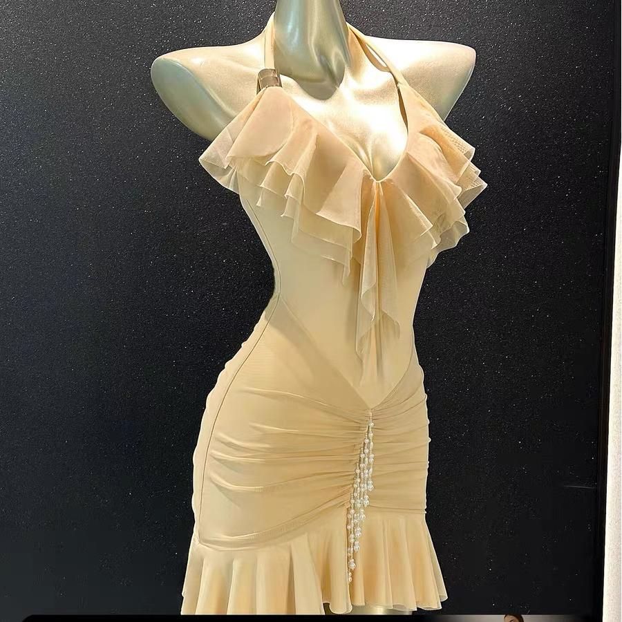 ベリーダンス オリエンタル衣装 ビーズ 社交 レディース 舞蹈ドレス タートルネック Vネック バックレス 背面ひも結び ギャザー 練習 ステージ用 2 選択