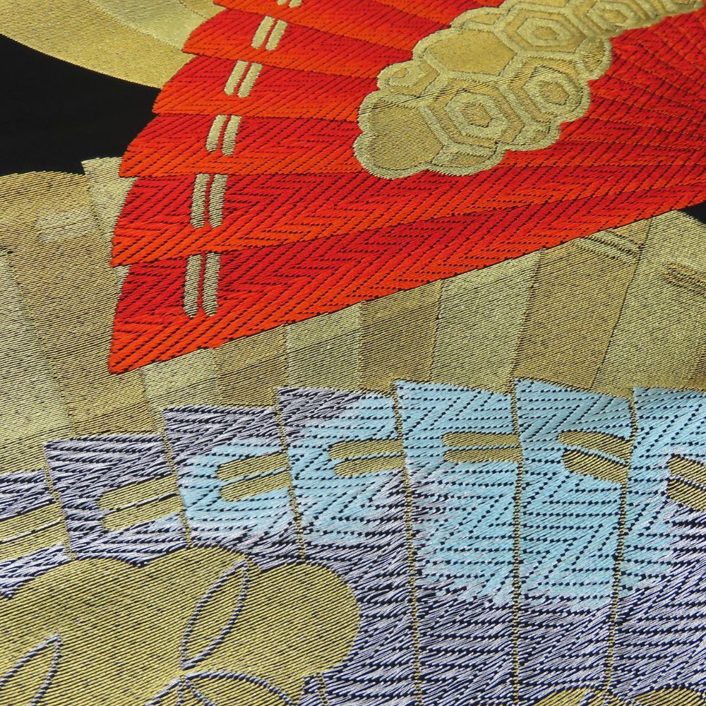 中古】 袋帯 正絹(金銀糸除く) 黒 金 朱 フォーマル 和装 呉服 和服  