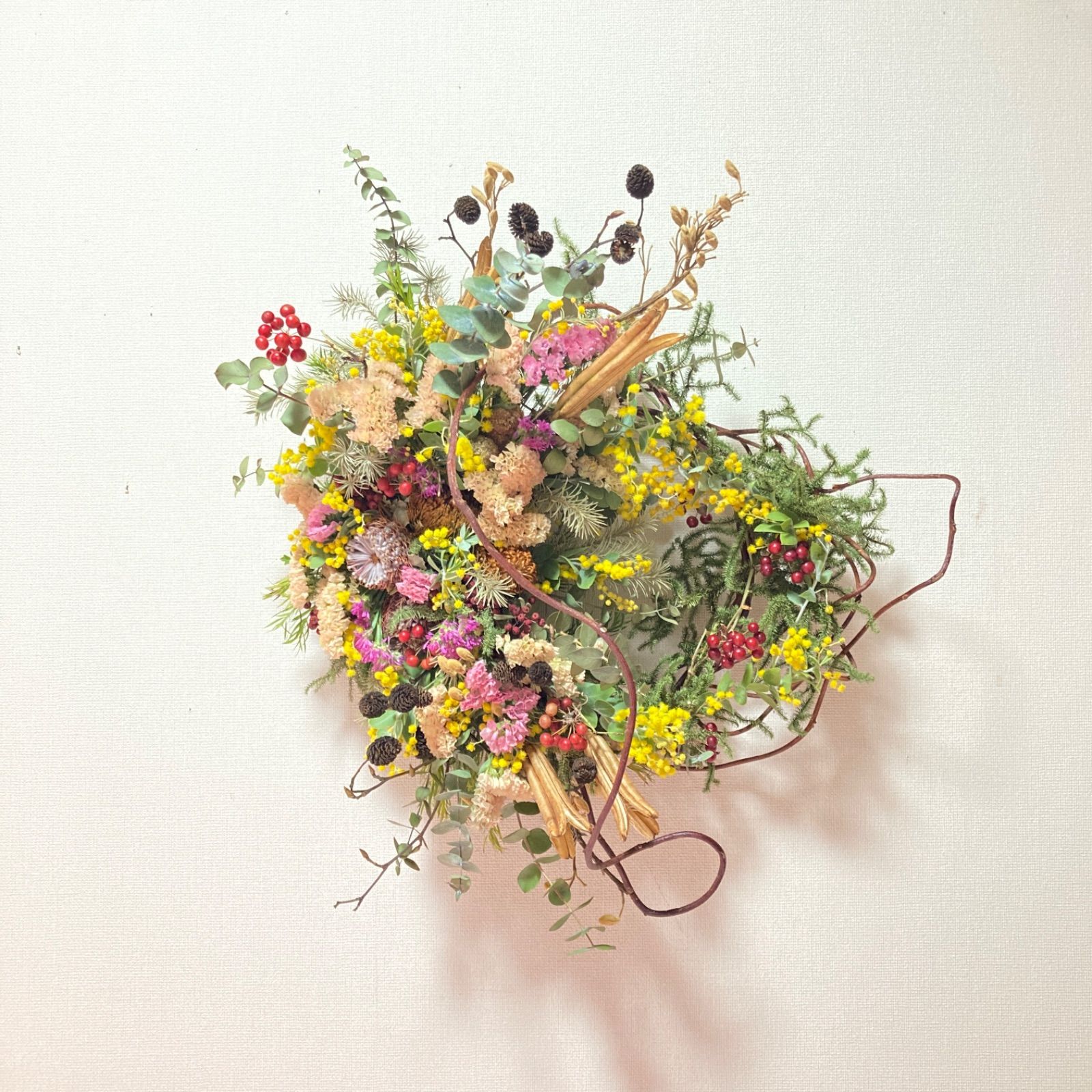 春のミモザリース　ミモザ＆アカヅル misuzu038 季節のリース ミモザのナチュラルリース 玄関 アカシア