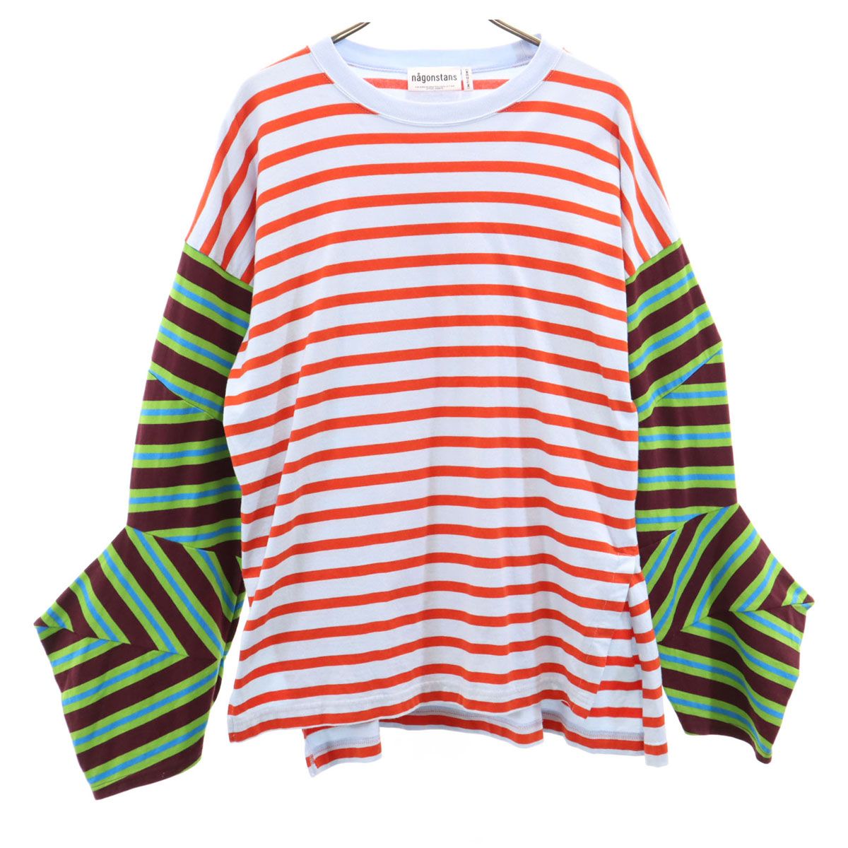 nagonstans ナゴンスタンス ボーダー柄 長袖 パネルスリーブ Tシャツ M ブルーグレー系 ロンT レディース 古着