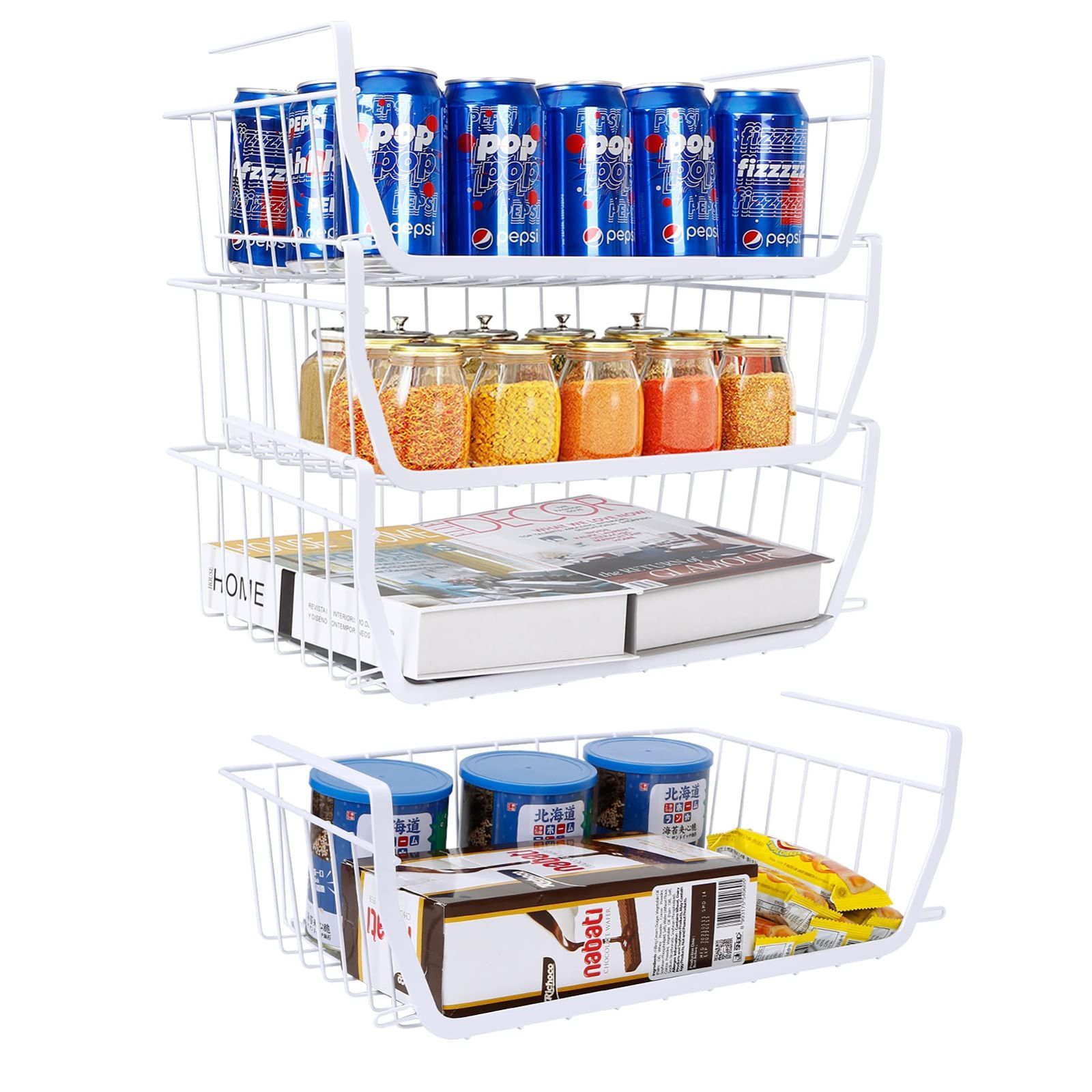 【人気商品】おしゃれ 収納 隙間収納 調味料 キッチン収納 キッチン 戸棚下収納ラック 棚 吊り下げラック ブラック積み重ね可能 収納 戸棚下収納 小物入れ ４個セット ホワイト 省スペース 