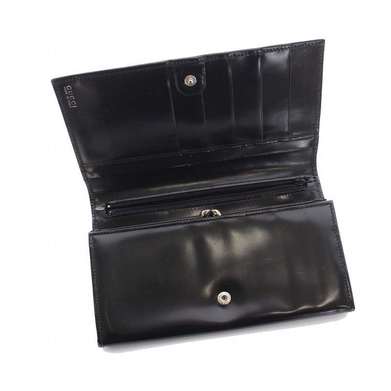 グッチ GUCCI 長財布 二つ折り エナメルレザー 黒 ブラック /YM