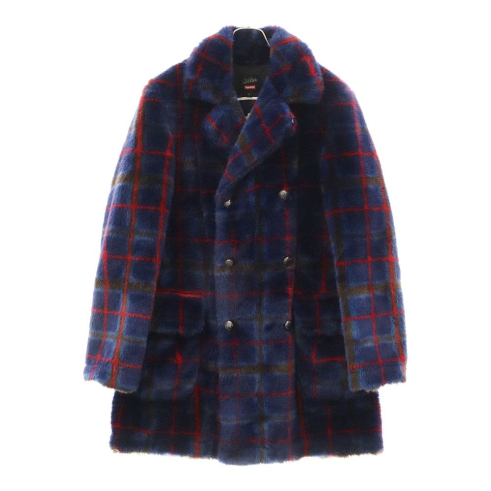 SUPREME (シュプリーム) 19SS ××Jean Paul Gaultier Double Breasted Plaid Faux Fur Coat ダブルブレステッドプライドフェイクファーコート チェック レッド/ブルー