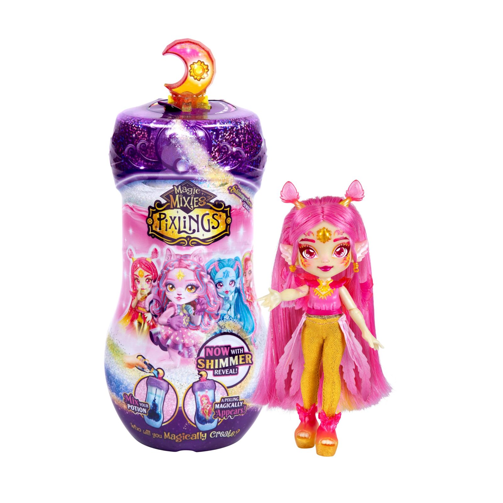 Magic Mixies Pixlings Shimmerverseシリーズ、魔法のポーションを作成して混ぜて魔法のようにフェオナを明らかにします。この美しい6.5インチのきらめくピクシングファッションドールがポーションボトルの中に現れます。 