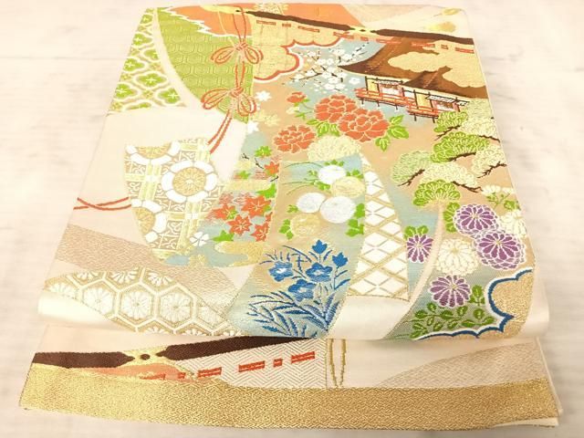 平和屋着物○六通柄袋帯 色紙重ね舞桜文 金銀糸 正絹