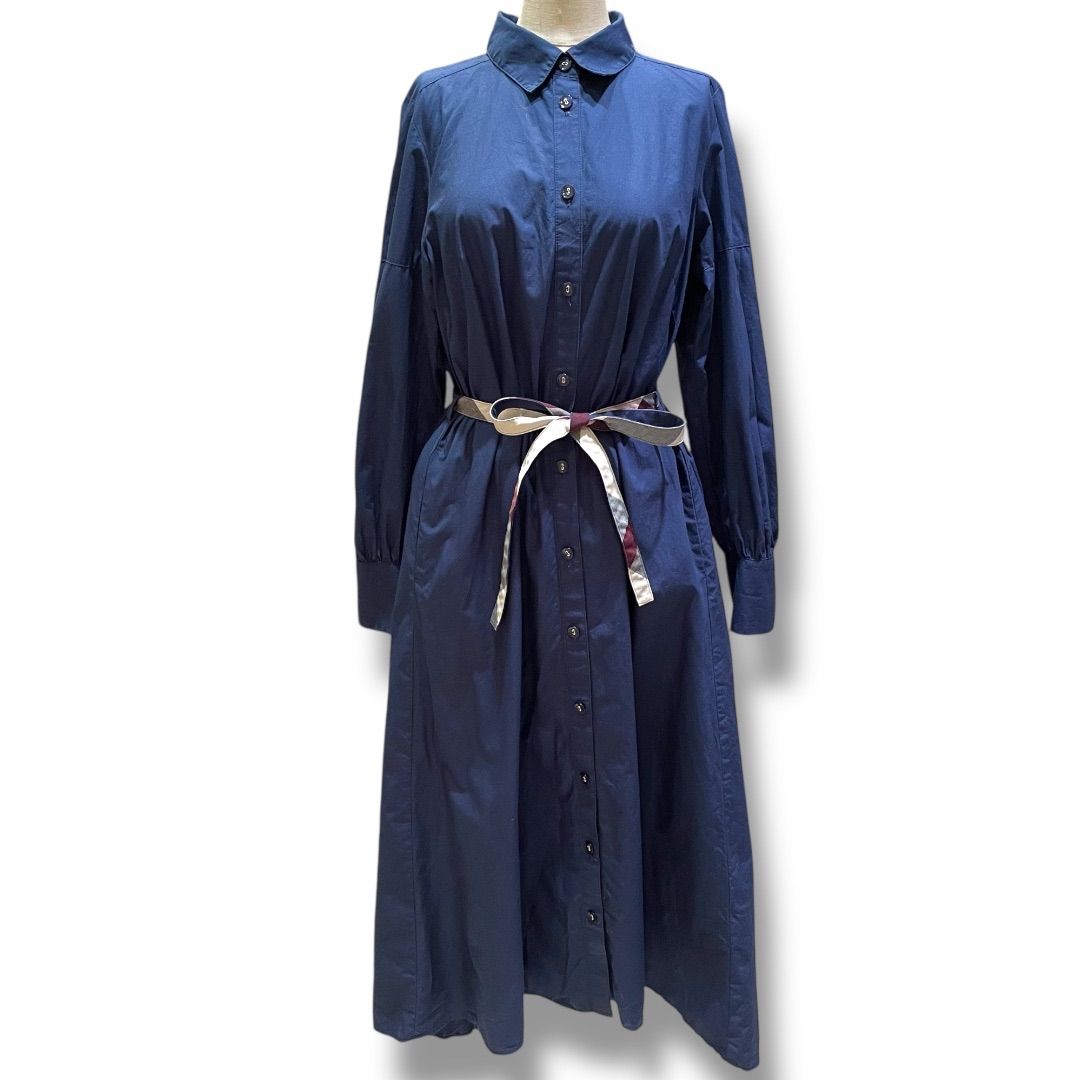 BLUE LABEL CRESTBRIDGE ブルーレーベル クレストブリッジ シャツワンピース ロング丈 長袖 前ボタン留め ベルトチェック柄 ブリティッシュスタイル ネイビー 38 Mサイズ レディース 春 ゴーゴー古着セントラルパーク名古屋店No.673