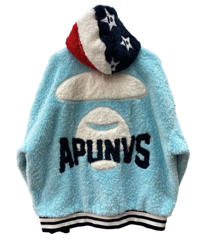 アベイシングエイプ A BATHING APE MOONFACE HOODED FLUFFY VARSITY JACKET ムーンフェイス フーディ バーシティジャケット 青 ジャケット ロゴ ブルー Lサイズ 104MT-2082