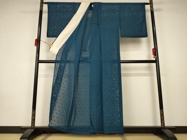 平和屋着物 夏物 色無地 麻の葉紋紗 高麗納戸色 正絹 AABA2881jd