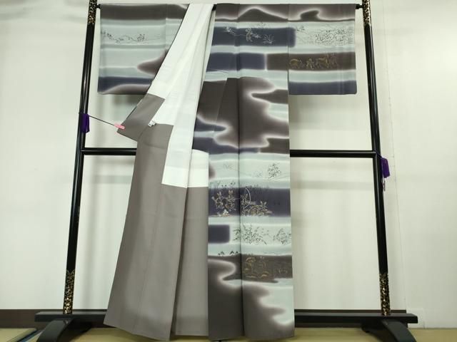 平和屋本店■極上　訪問着　紬地　手描き　鳥獣戯画　暈し染め　金彩　逸品　DZAA6340kh5 平和屋本店□極上 訪問着 紬地 手描き 鳥獣戯画 暈し染め 金彩 逸品