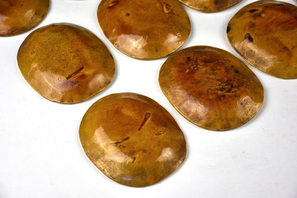 蔵C7578b】珉平焼/淡路焼 黄交趾龍図小判型皿 十二