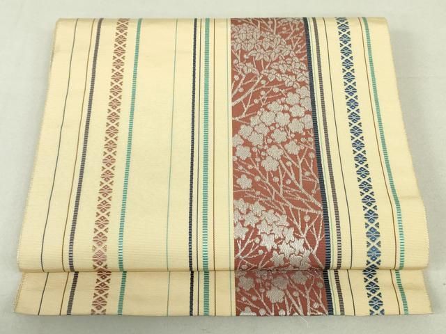 平和屋着物○八寸名古屋帯 紬地 抽象文様 間道 金糸 正絹 逸品  