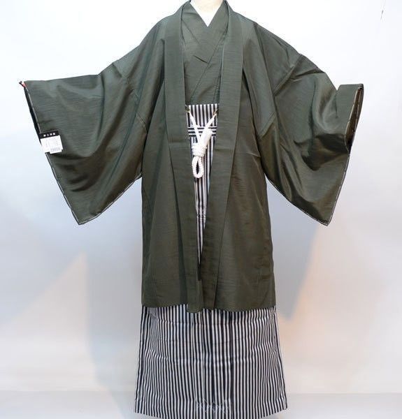 羽織 袴セット 紋付 緑色 袷 男性用 S|M|L|LL|3Lサイズ 半襦袢 角帯 羽織紐付き 紋入れ可 NO29659-S-3L