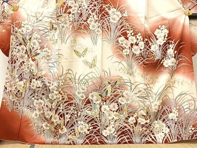 豪華振袖　駒刺繍　流水花文　暈し染め　金彩　逸品 絹 成人式 お見合 パーティー 豪華振袖 駒刺繍 花楽器文 逸品 正絹 絞り金糸 成人式 お見合い