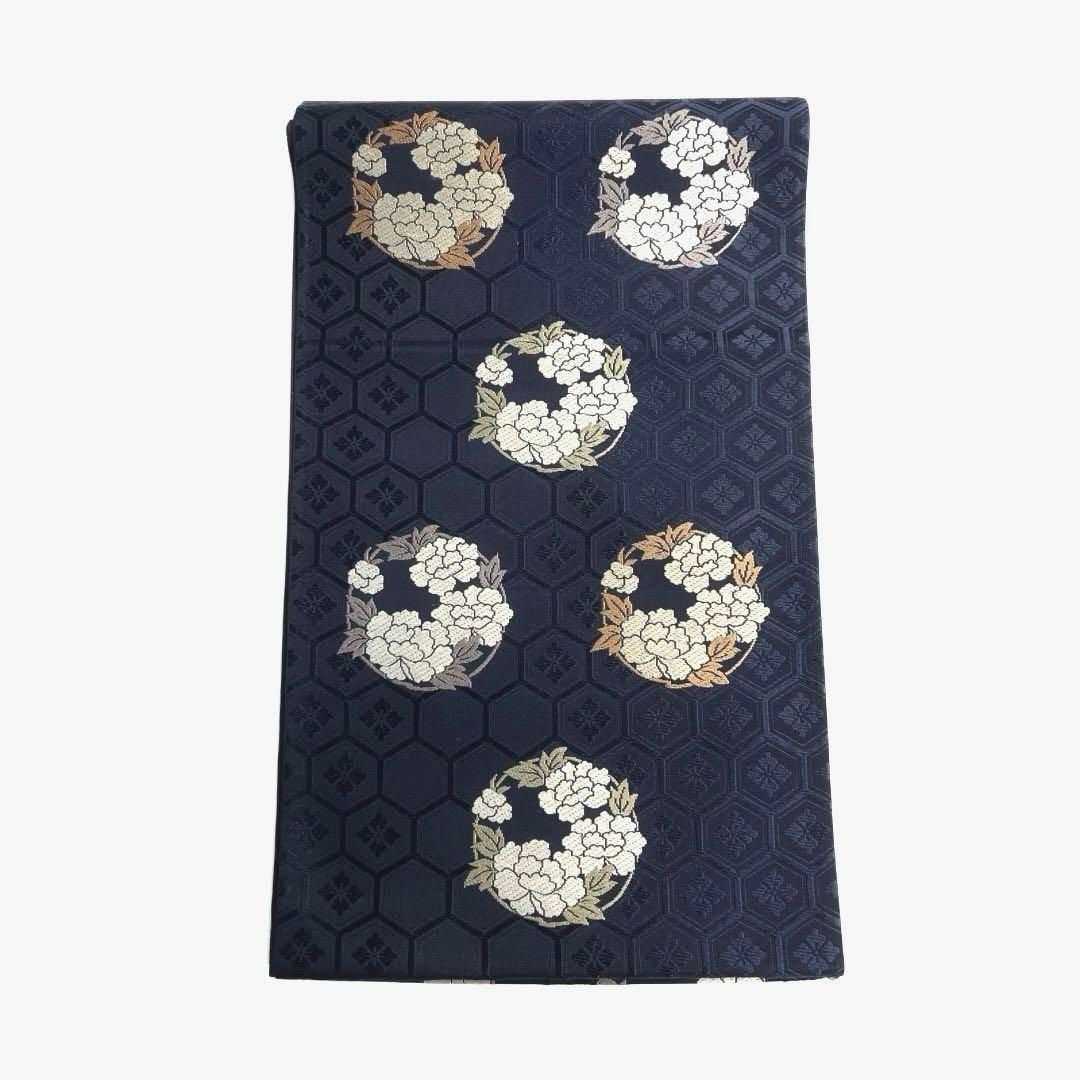 袋帯牡丹紋花紋亀甲花菱ネイビー着物021a d 