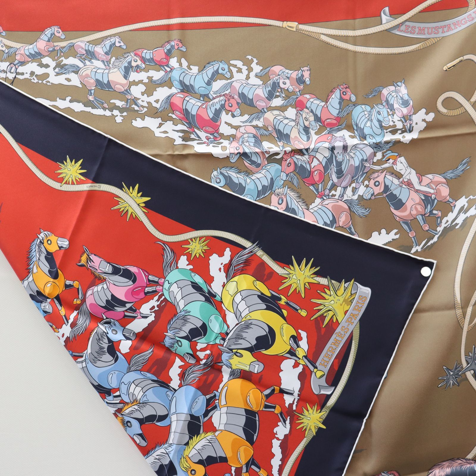 美品 HERMES エルメス カレ90 ダブルフェイス 野生馬II LES MUSTANGSⅡ