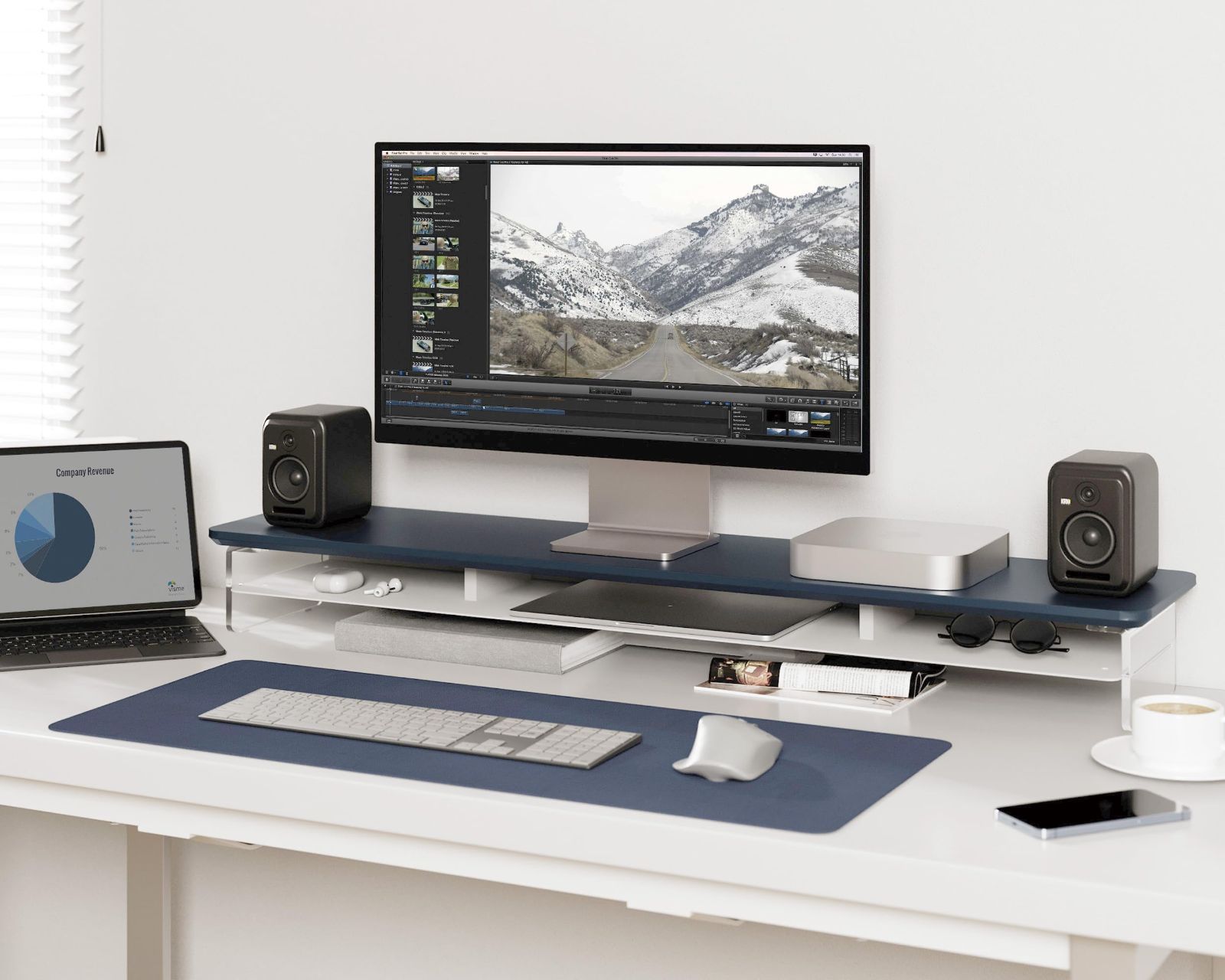 卓上 机上台 パソコン台 PC台 机上ラック 108cm横幅 モニタースタンド 2段 木製天板 アクリル製脚 デスクトップ用 モニター台 机上 モニタースタンド 机上台 pcモニター台 パソコンラック Fenge 卓上 収納 整理整頓 紺色G04Y