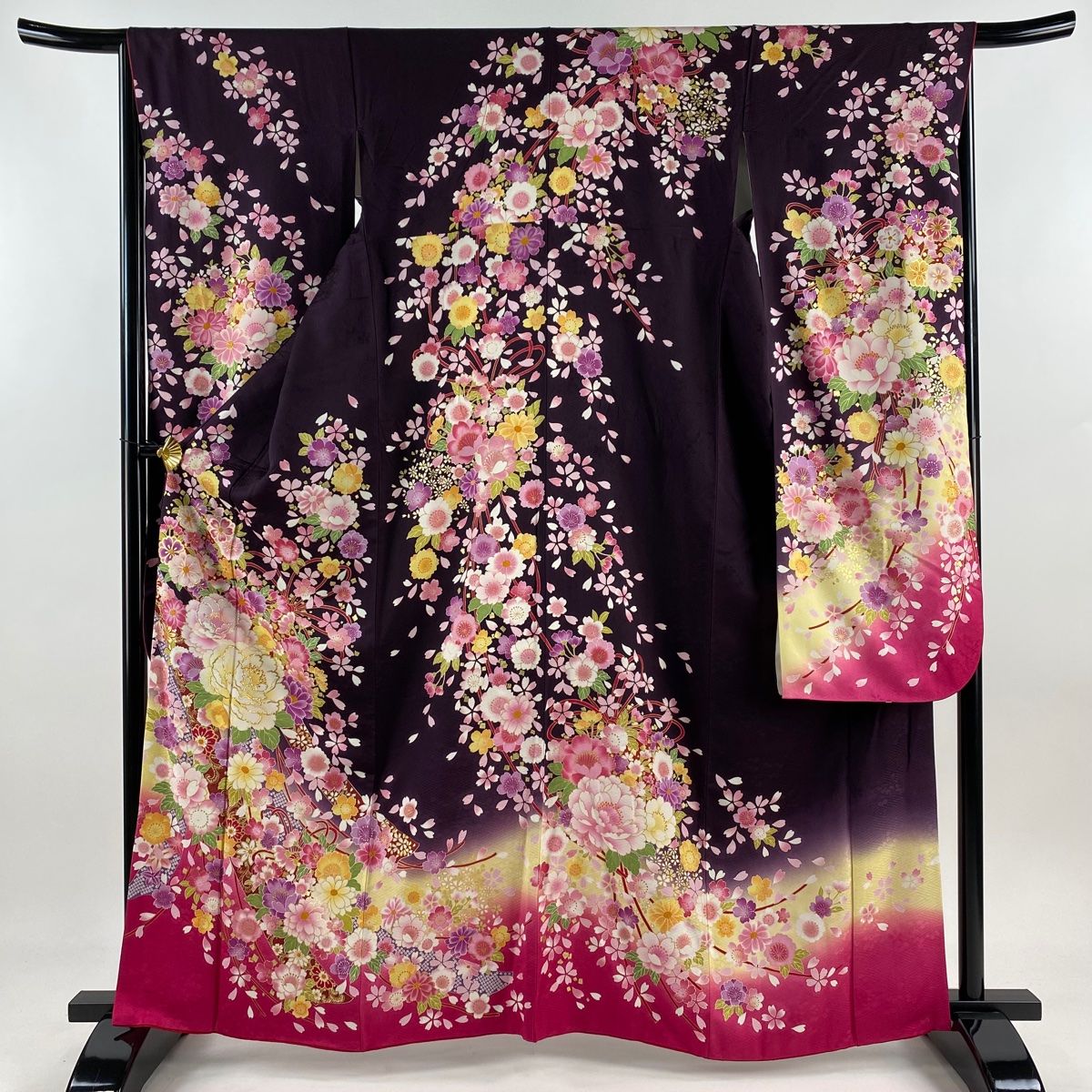 振袖 身丈163cm 裄丈65.5cm M 袷 薬玉 桜 金彩 箔 茶紫 正絹