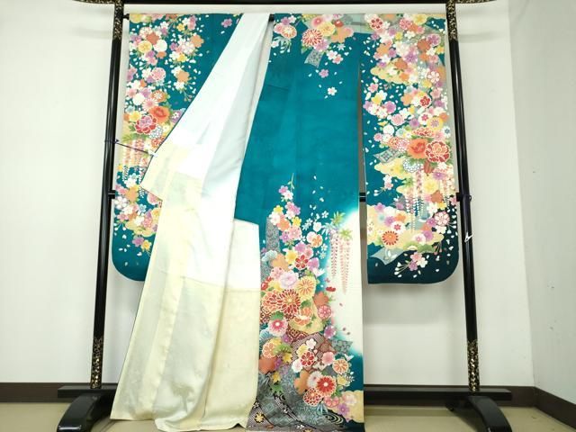 平和屋着物●豪華振袖　駒刺繍　枝垂れ桜　地紙吉祥花文　暈し染め　金彩　銀通し地　正絹　逸品　DAAV6669ps 平和屋着物○豪華振袖 駒刺繍 枝垂れ桜 地紙吉祥花文 暈し