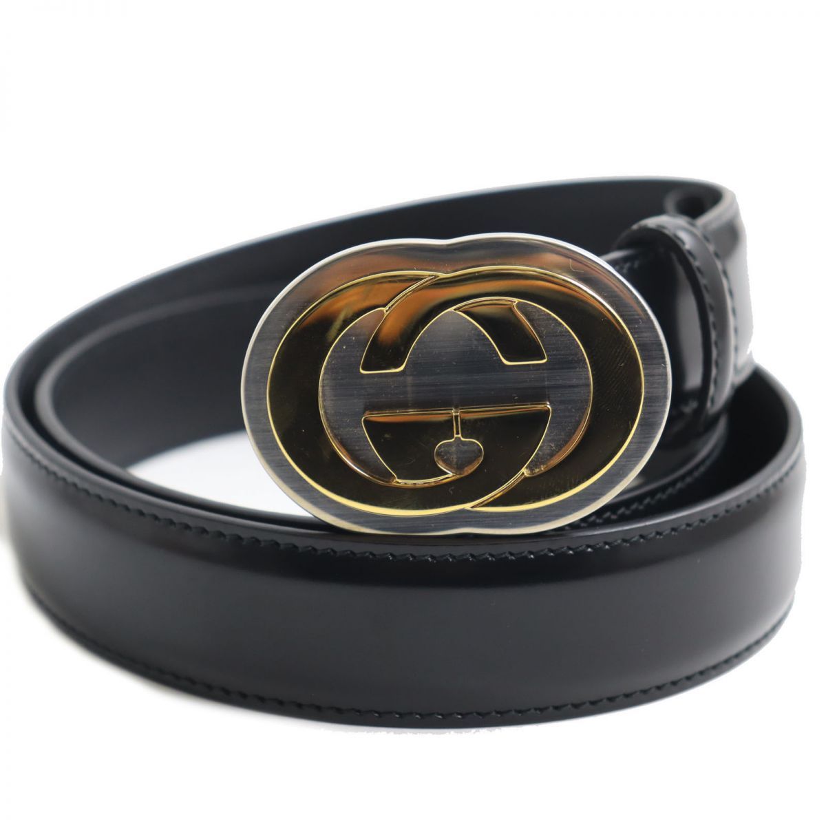 極美品○GUCCI グッチ 598092 インターロッキングG シルバー×ゴールド金具 レザーベルト ブラック 85・34 イタリア製 箱/保存袋付き - メルカリ