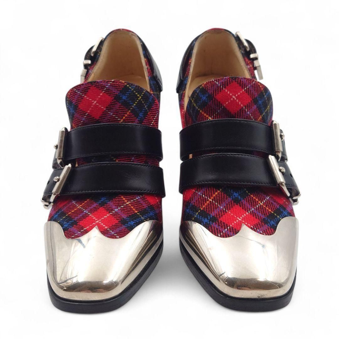 Christian Louboutin クリスチャンルブタン パンプス レッド 22cm チェック柄 超 靴 パンプス ハイヒール メタルパーツ 品キャンバス レディース 赤×黒 KIN-KAAI_COM