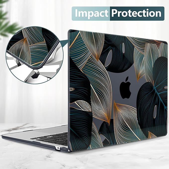 Batianda MacBook Air 15インチケースM2チップ新型2023、保護プラスチックハードケース+キーボードカバー+スクリーンプロテクタ、専用モデルA2941、金の葉