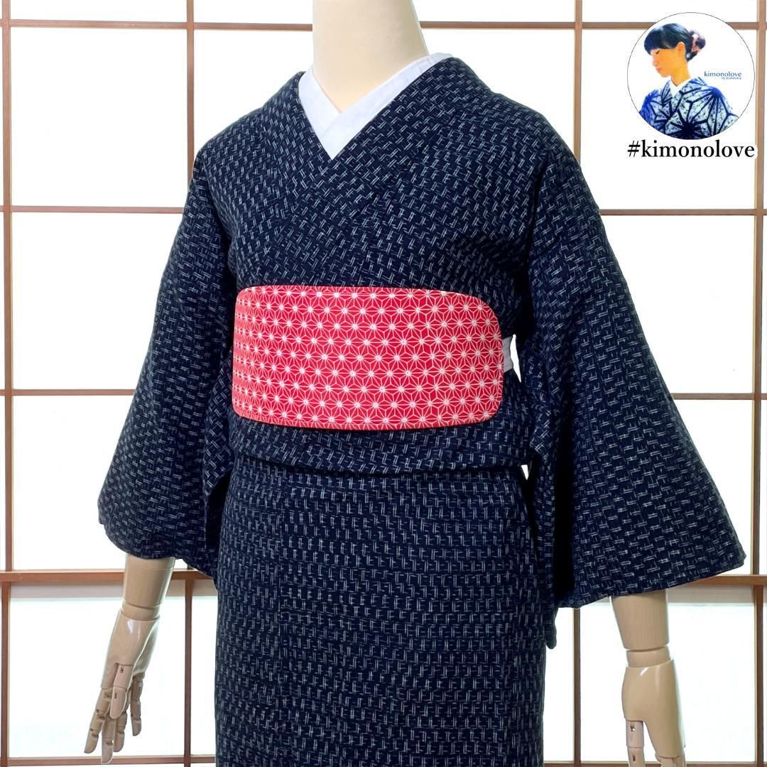 久留米絣 単衣着物 綿 書生絣 濃藍 ビンテージ着物 リユース品 A-2478