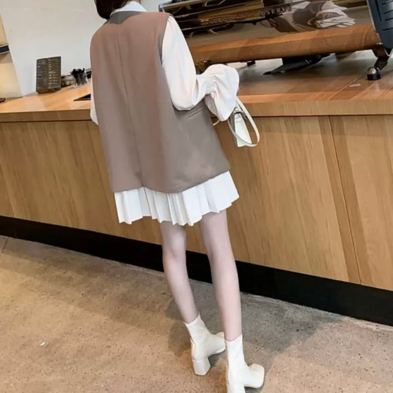 長袖 シャツワンピース ジレ セット 異素材ミックス 韓国 新品】大人ガーリー♡ジレ＋プリーツシャツワンピース