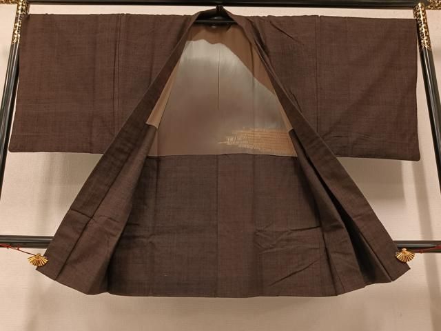 平和屋着物○男性 紬 アンサンブル 長襦袢(無双仕立て)セット 黒鳶色