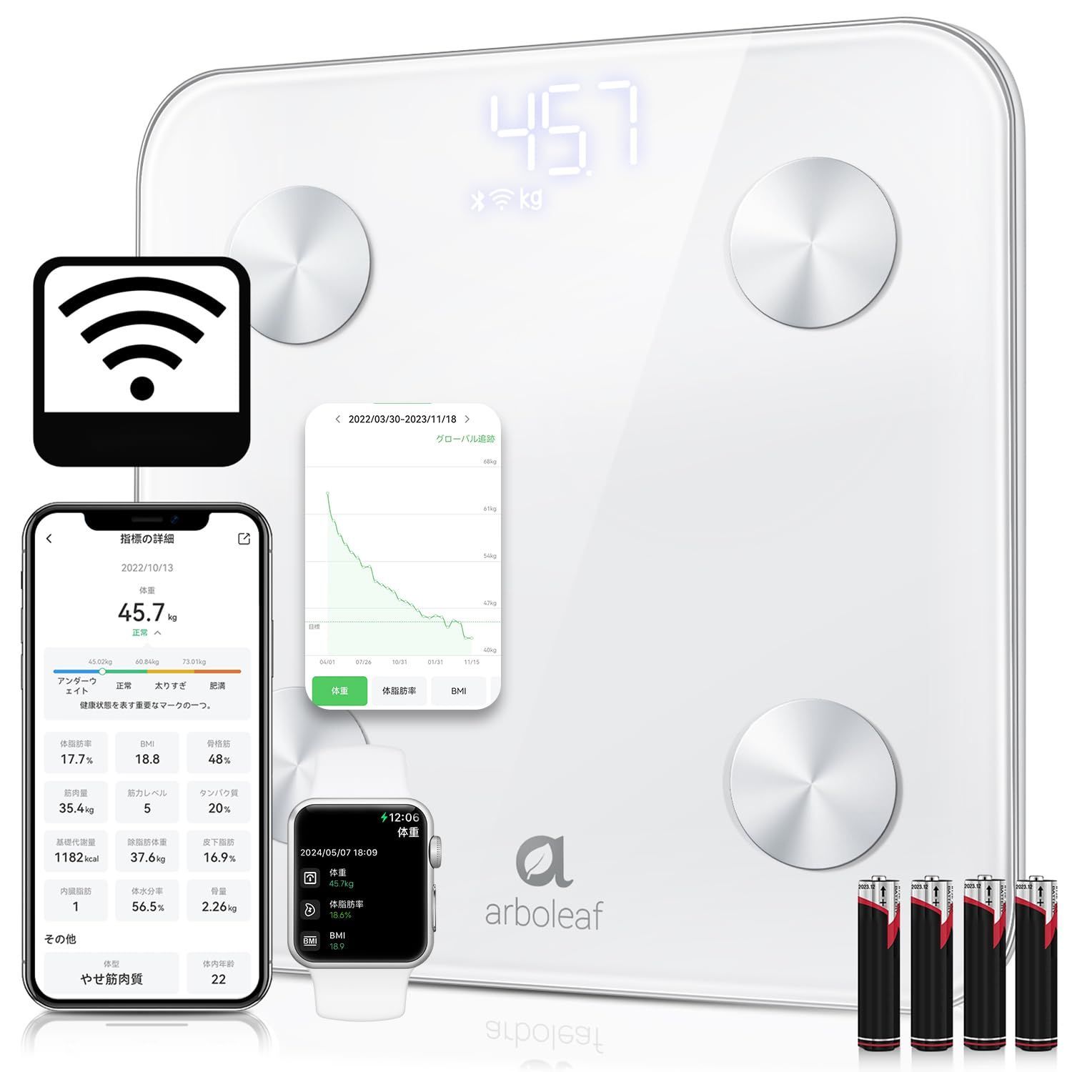 ヘルスメーター Scale Smart 2024最新 【アプリ対応/登録者無制限/自動認識/飲食記録/GoogleFit/Fitbit/appleヘルスケア連携/体重/体脂肪率/筋肉量/BMI・14項目/高精度/軽量収納】電池付属 体組成計・体