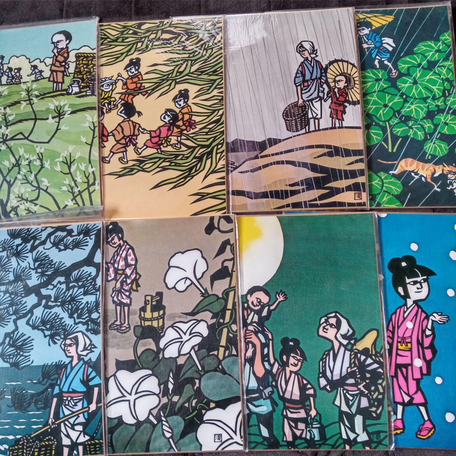 滝平二郎 「きりえ」カラー色紙 8枚 春から夏の絵柄を中心に