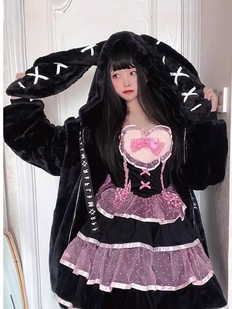 ♡うさ耳♡ ZIPアップ もふもふ ふわふわ ロング丈 温かい