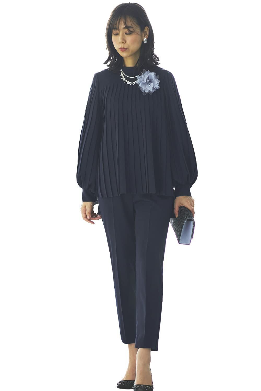 Size 5L_Color ネイビー NE ルイ ルエ ブティック プリーツ フ トップス パンツ スーツ レディース ミセス ママ パンツスーツ セレモニースーツ カジュアル フォーマル 大きいサイズ セットアップ 長袖 通勤 ビジネス オフィス