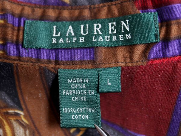 00s LAUREN ラルフローレン 総柄 コットン 長袖 シャツ レディース L 00年代 オールド ポロ ブラウス 馬具 チェーン ビット 総柄シャツ 黒